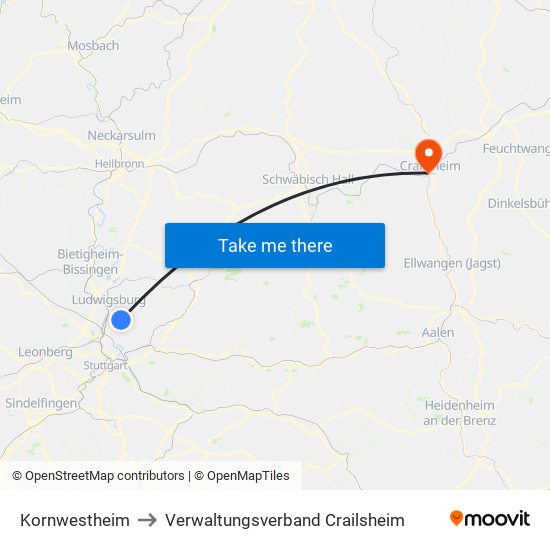 Kornwestheim to Verwaltungsverband Crailsheim map