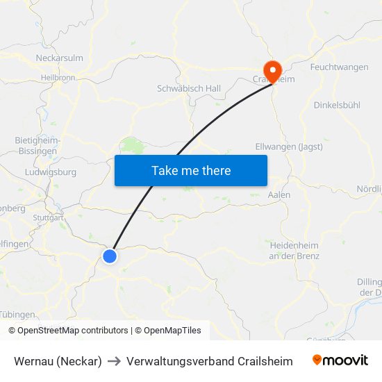 Wernau (Neckar) to Verwaltungsverband Crailsheim map