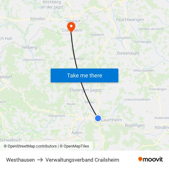 Westhausen to Verwaltungsverband Crailsheim map