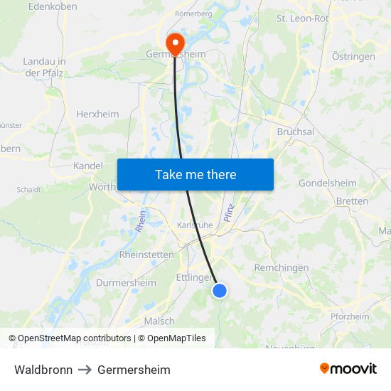 Waldbronn to Germersheim map