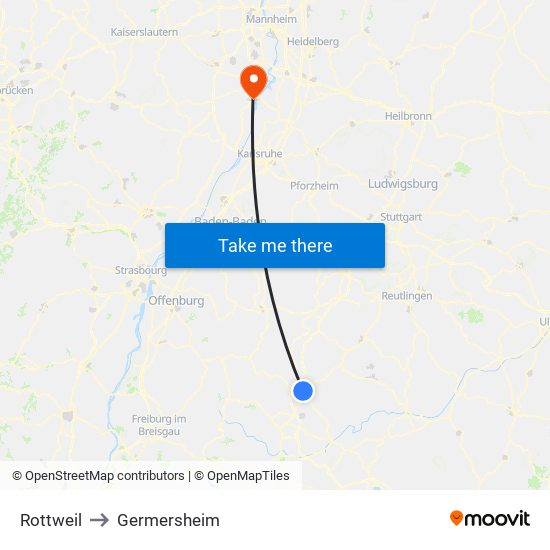 Rottweil to Germersheim map