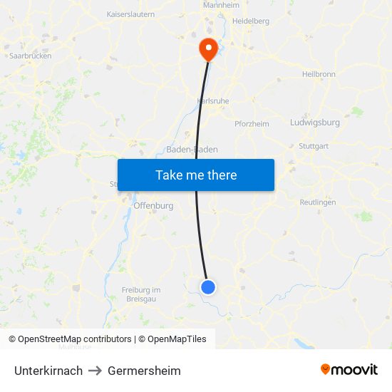 Unterkirnach to Germersheim map