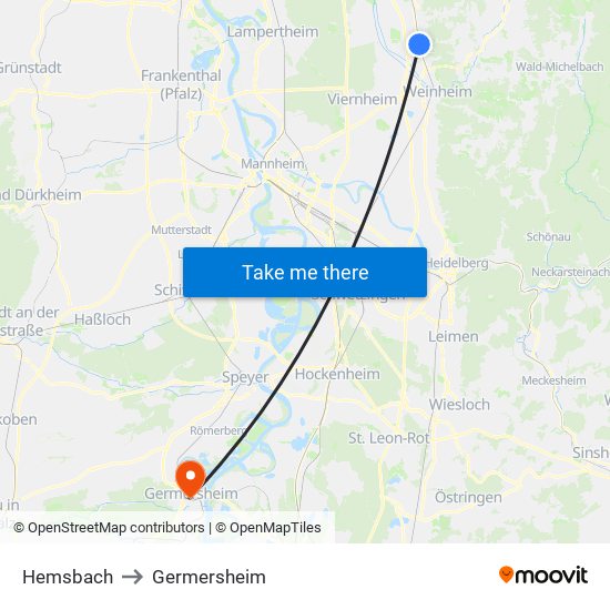 Hemsbach to Germersheim map