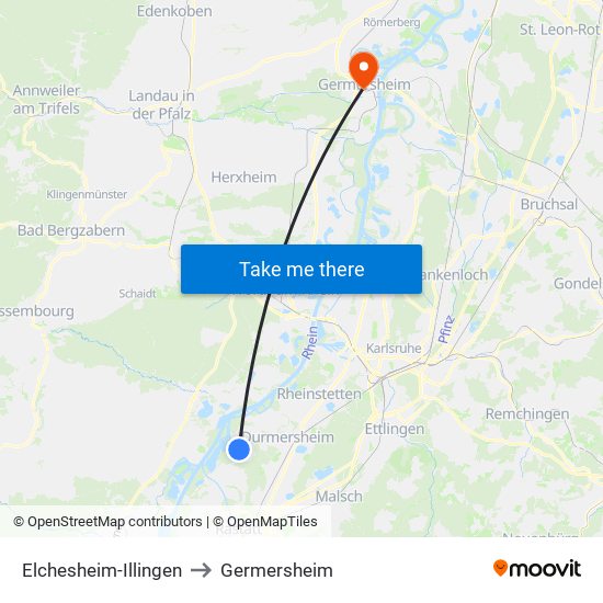 Elchesheim-Illingen to Germersheim map