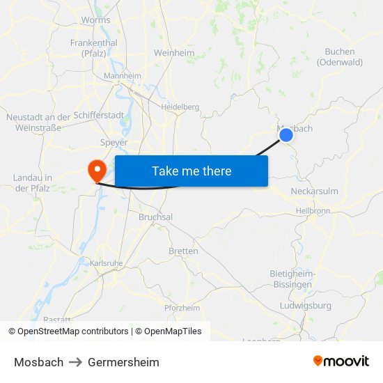 Mosbach to Germersheim map