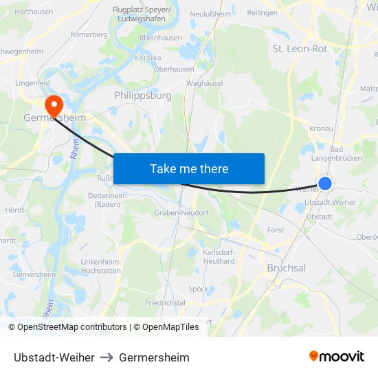 Ubstadt-Weiher to Germersheim map