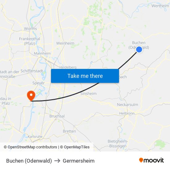 Buchen (Odenwald) to Germersheim map