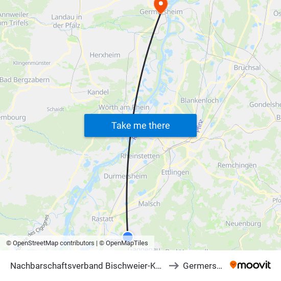 Nachbarschaftsverband Bischweier-Kuppenheim to Germersheim map