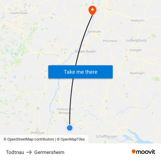 Todtnau to Germersheim map