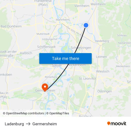 Ladenburg to Germersheim map