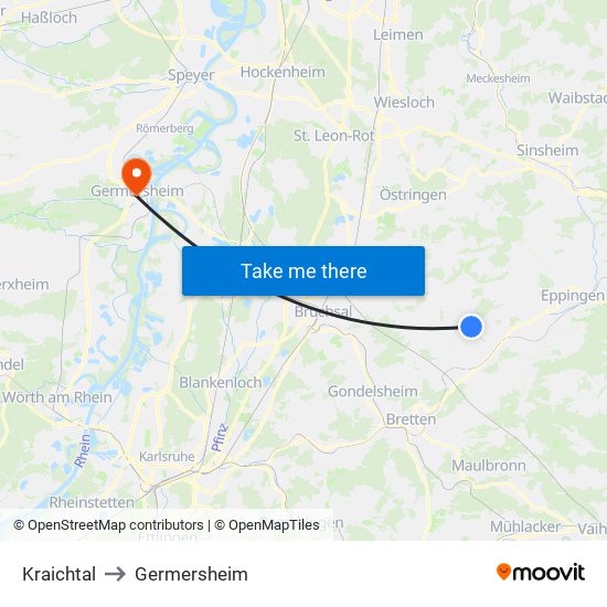 Kraichtal to Germersheim map