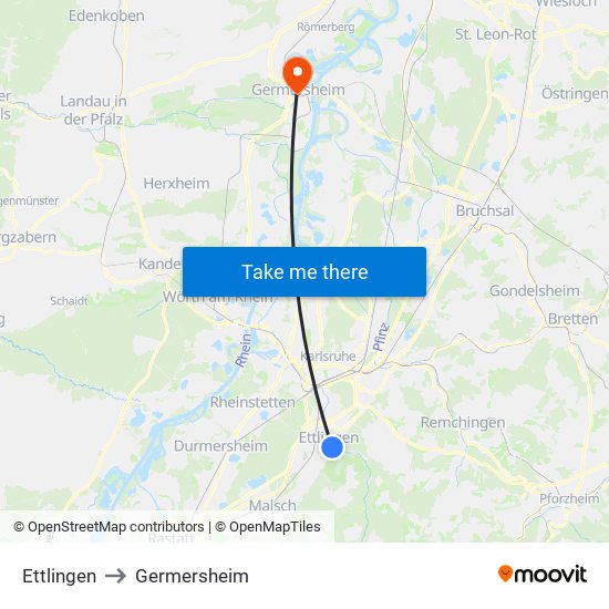 Ettlingen to Germersheim map