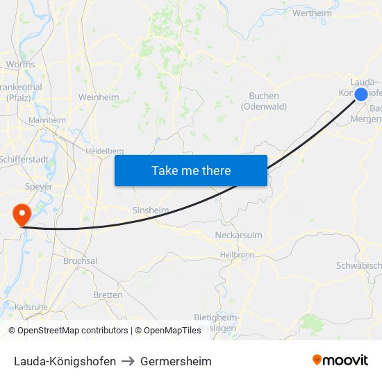 Lauda-Königshofen to Germersheim map