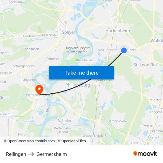 Reilingen to Germersheim map