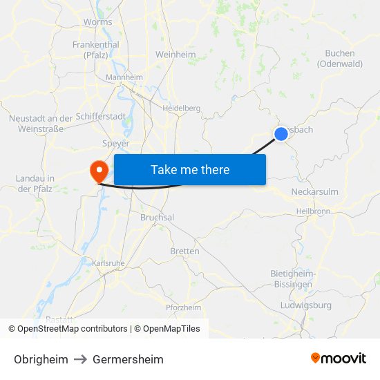 Obrigheim to Germersheim map