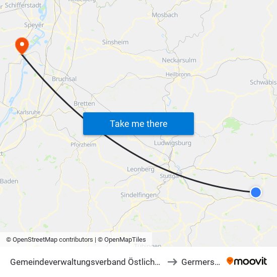 Gemeindeverwaltungsverband Östlicher Schurwald to Germersheim map