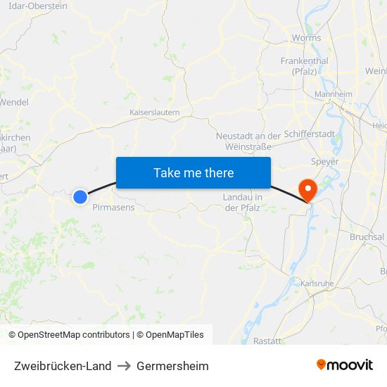 Zweibrücken-Land to Germersheim map