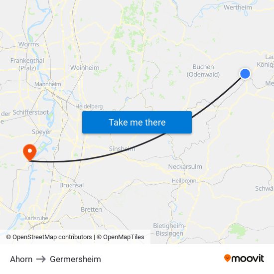 Ahorn to Germersheim map