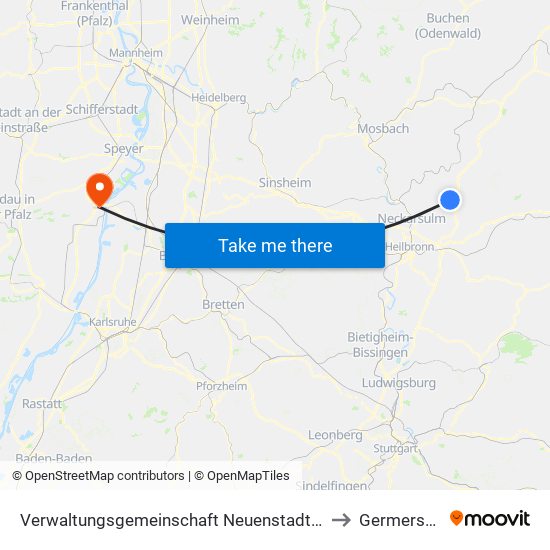 Verwaltungsgemeinschaft Neuenstadt am Kocher to Germersheim map