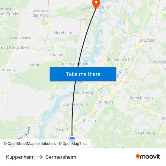 Kuppenheim to Germersheim map