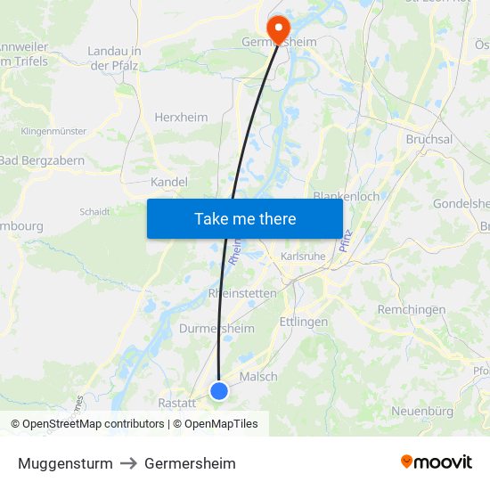 Muggensturm to Germersheim map