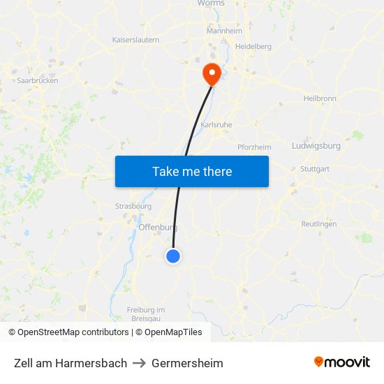 Zell am Harmersbach to Germersheim map