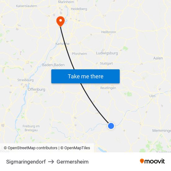 Sigmaringendorf to Germersheim map