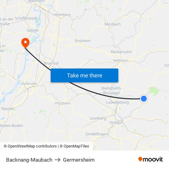 Backnang-Maubach to Germersheim map