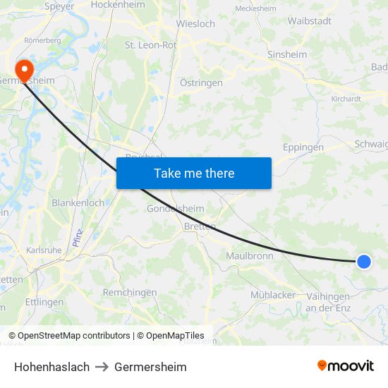 Hohenhaslach to Germersheim map