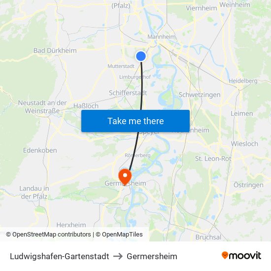 Ludwigshafen-Gartenstadt to Germersheim map