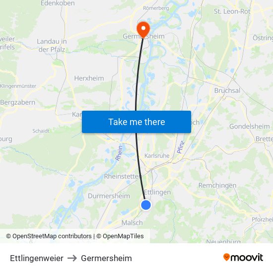 Ettlingenweier to Germersheim map