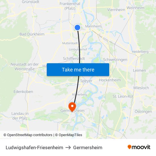 Ludwigshafen-Friesenheim to Germersheim map