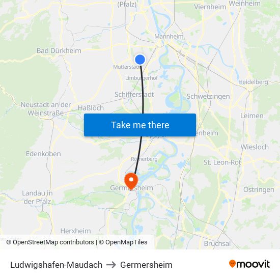 Ludwigshafen-Maudach to Germersheim map