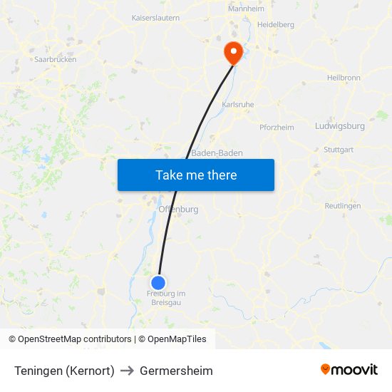 Teningen (Kernort) to Germersheim map