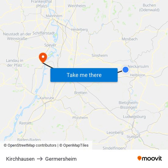 Kirchhausen to Germersheim map