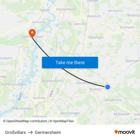 Großvillars to Germersheim map