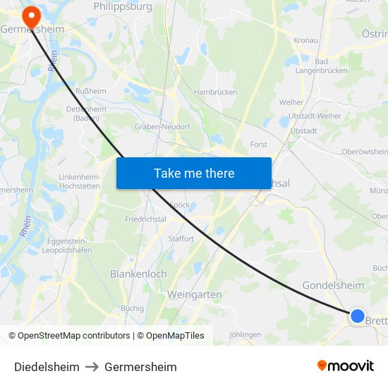 Diedelsheim to Germersheim map