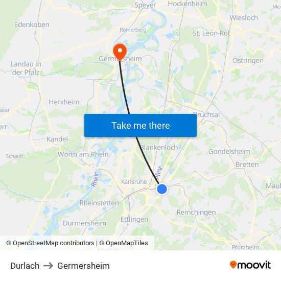 Durlach to Germersheim map