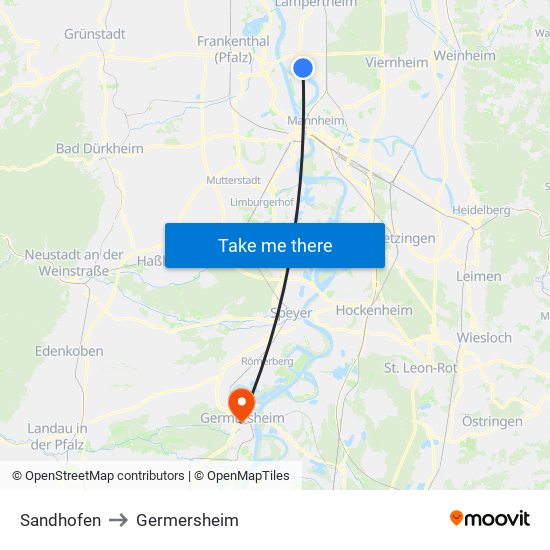 Sandhofen to Germersheim map