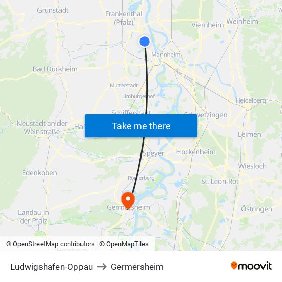 Ludwigshafen-Oppau to Germersheim map