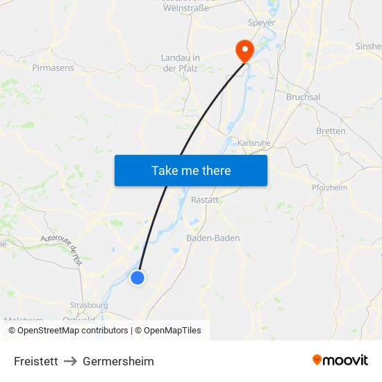 Freistett to Germersheim map