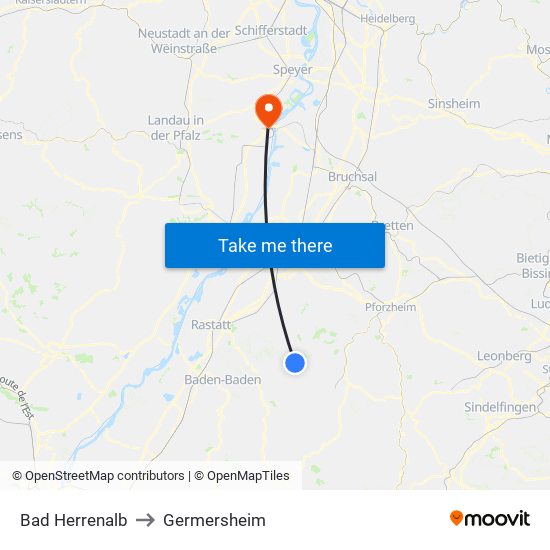 Bad Herrenalb to Germersheim map