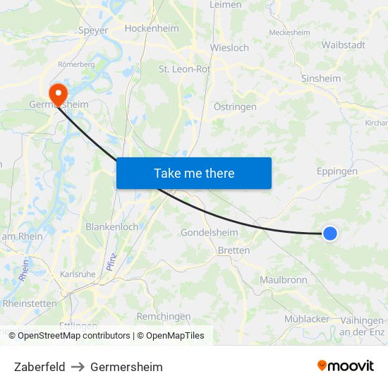 Zaberfeld to Germersheim map