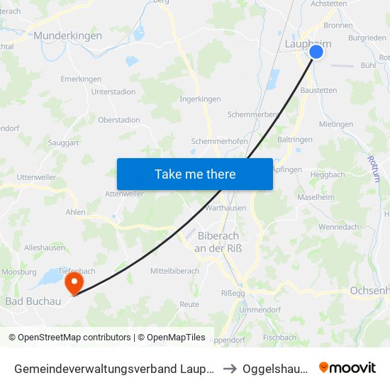 Gemeindeverwaltungsverband Laupheim to Oggelshausen map