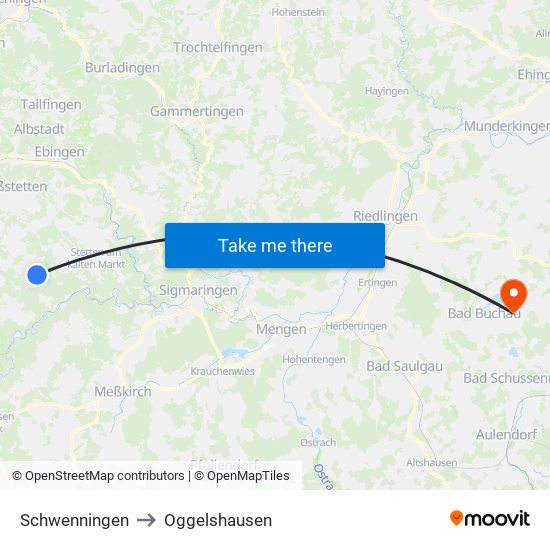 Schwenningen to Oggelshausen map