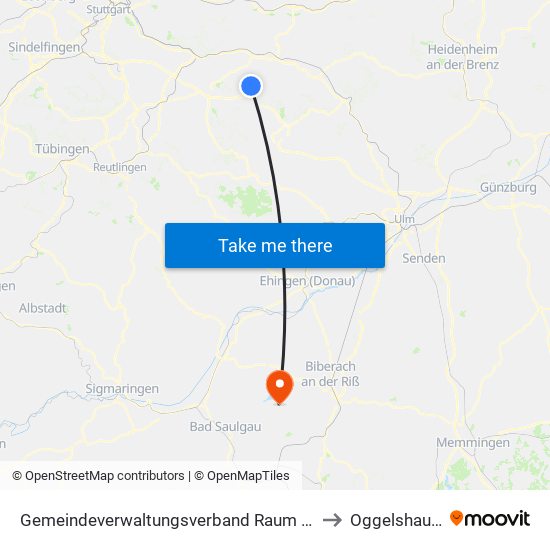 Gemeindeverwaltungsverband Raum Bad Boll to Oggelshausen map