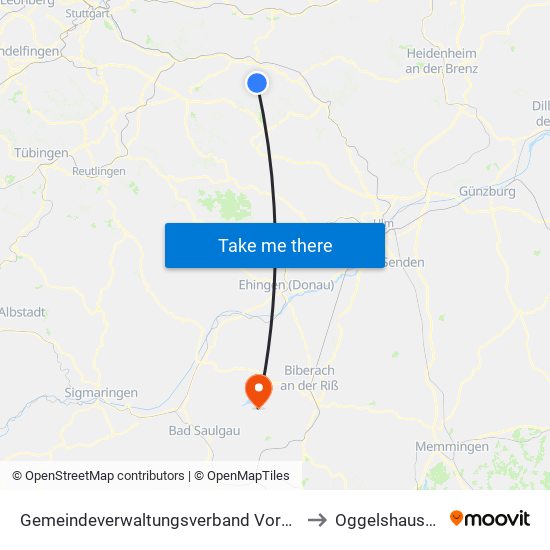 Gemeindeverwaltungsverband Voralb to Oggelshausen map