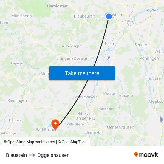 Blaustein to Oggelshausen map