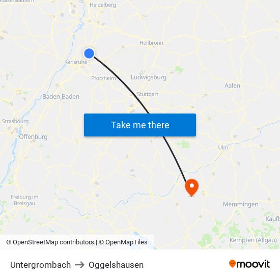 Untergrombach to Oggelshausen map