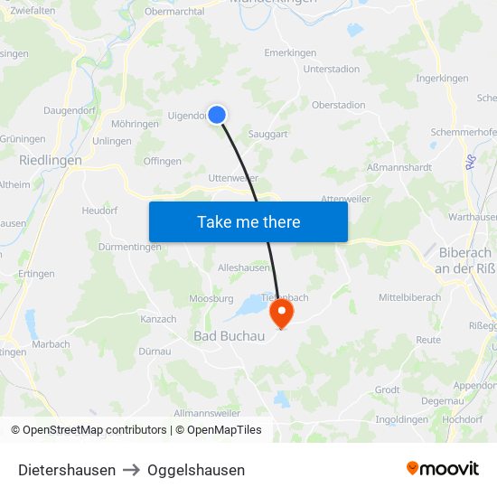 Dietershausen to Oggelshausen map